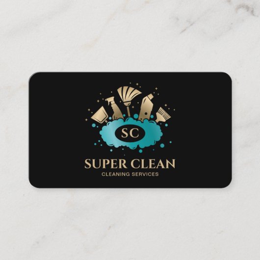 Schoonmaakster Huis Schoon Blauw Gouden Monogram Visitekaartje (Voorkant)