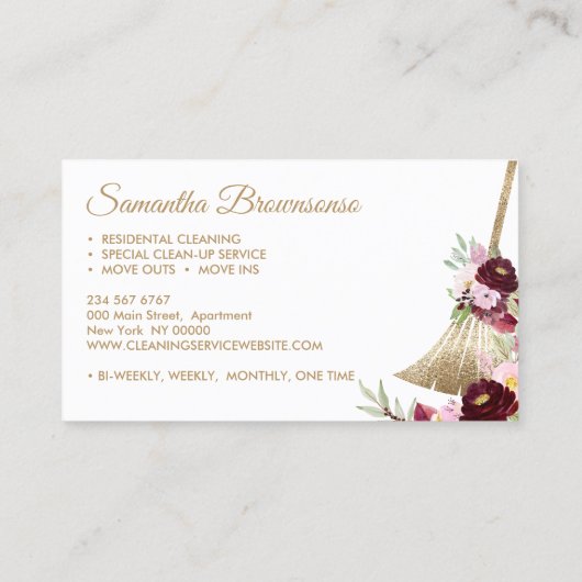 Schoonmaakster Huis Sparkling Goud Roze Bloemen Visitekaartje (Achterkant)