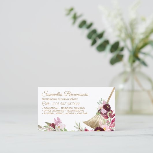 Schoonmaakster Huis Sparkling Goud Roze Bloemen Visitekaartje (Staand voorkant)