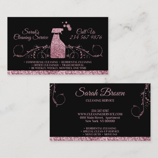 Schoonmaakster Janitoriaal sprankelend roze Zwart Visitekaartje (Voorkant / Achterkant)