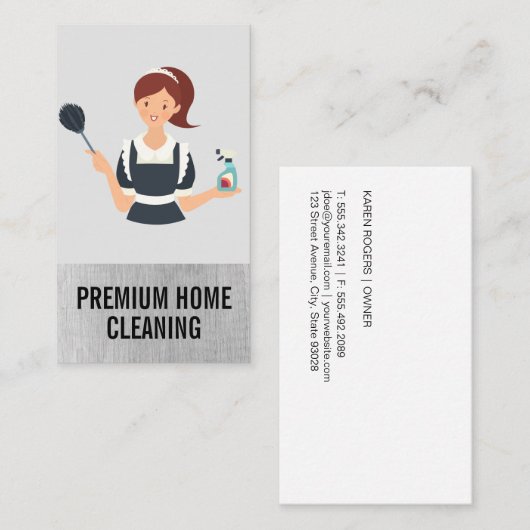 Schoonmaakster met Duster en Cleaning Spray Visitekaartje (Voorkant / Achterkant)