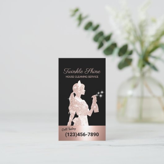 Schoonmaakster Roos Gold Sparkles Housekeeping Visitekaartje (Staand voorkant)