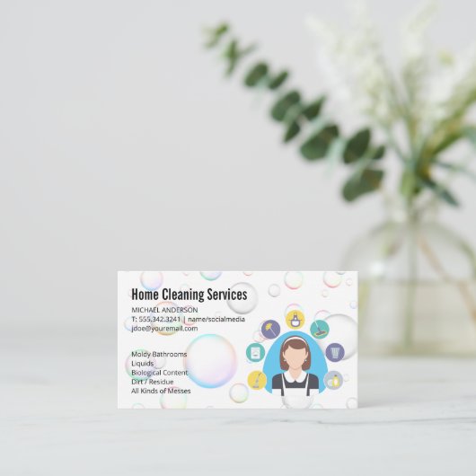 Schoonmaakster | Schoonmaakdienst | Zeepbellen Visitekaartje (Staand voorkant)