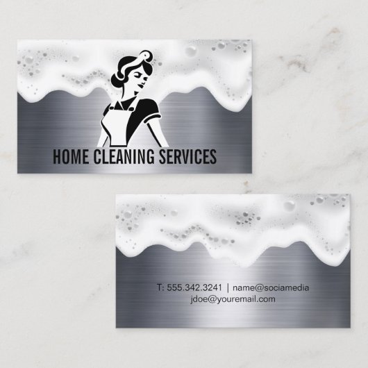 schoonmaakster | zeepschuim | metallische achtergr visitekaartje (Voorkant / Achterkant)
