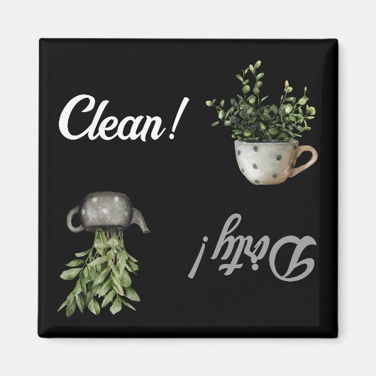 Schoonmaakwasmachine en vuile tulp zwarte keuken magneet (Voorkant)