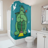 Schoonmaken Dragon met bezem kijken over het bad Douchegordijn (In situ)