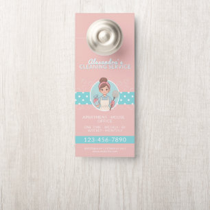 Schoonmaken Lady Cartoon roze en Blauwgroen polka  Deurhanger