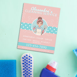 Schoonmaken Lady Cartoon roze en Blauwgroen polka  Flyer