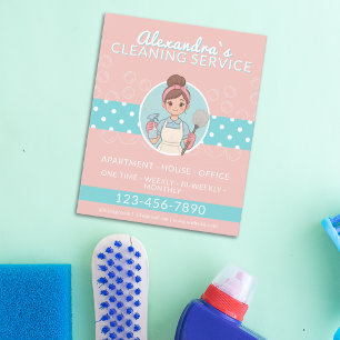 Schoonmaken Lady Cartoon roze en Blauwgroen polka  Flyer