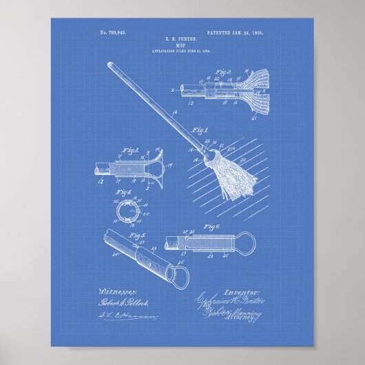 Schoonmaken Mop 1905 Patent Art Blueprint Poster (Voorkant)
