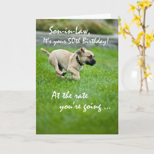 Schoonzoon, 50e verjaardag Puppy Running Kaart (Gele Bloem)