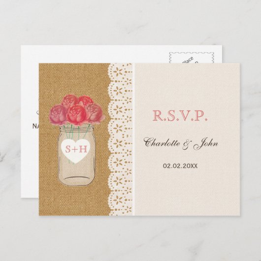 schoot, koraalrozen op mason-jar bruiloft RSVP Uitnodiging Briefkaart (Voorkant / Achterkant)