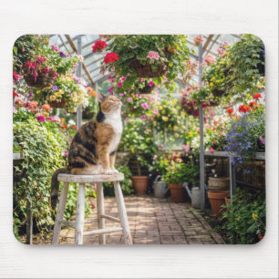 Schootse kat op een kruk in een kas muismat