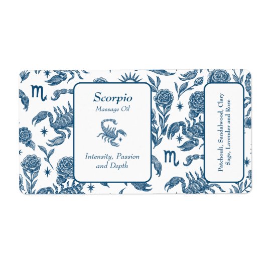 Schorpioen etherische olie fles vrouwelijke blauwe etiket (Voorkant)