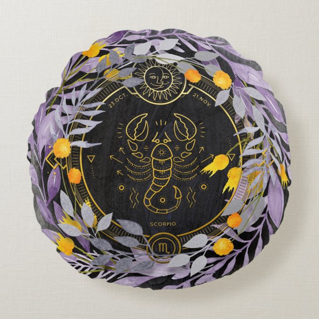 Schorpioen Floral Krans met Zodiac Symbool Rond Kussen (Voorkant)