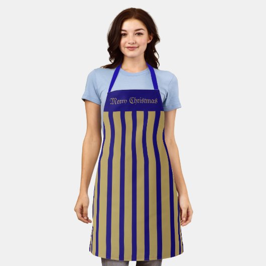 Schort Cafe Blue en Gold Stripe Merry Kerstmis (Gedragen)