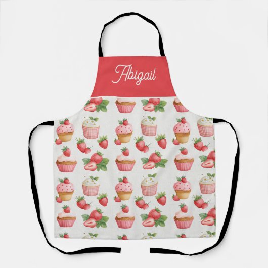 Schort met aardbeiencupcake en eigen naam (Voorkant)
