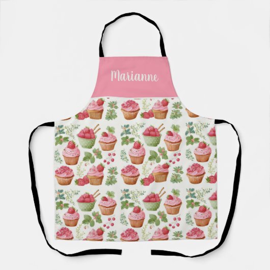 Schort met aardbeiencupcake en eigen naam (Voorkant)