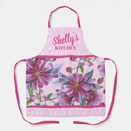 Schort met appelbloesems en roze polkadots (Voorkant)