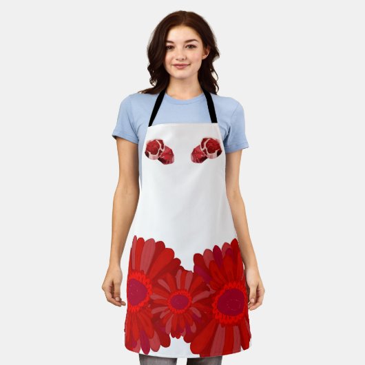 Schort met bloemenprint en varkensweefsel. (Gedragen)