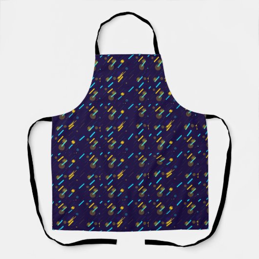 Schort met een levendig abstract patroon in blauw. (Voorkant)