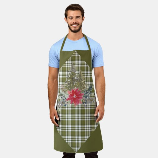 Schort met groene spelden en kerstbomen (Gedragen)