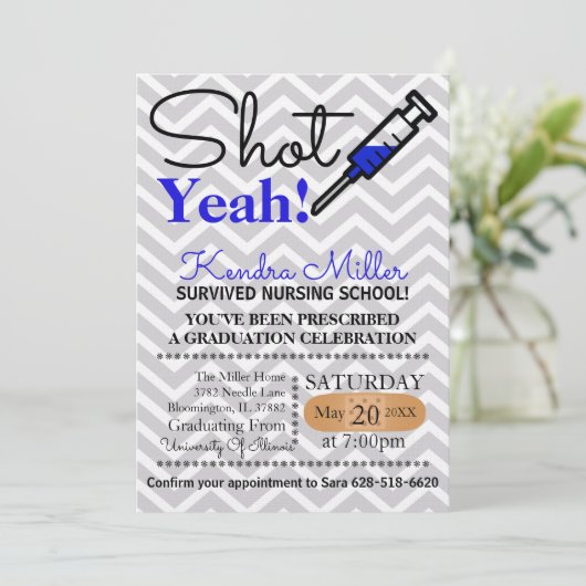 Schot Ja! Blue Nursing School Afstuderen Uitnodige Kaart (Staand voorkant)