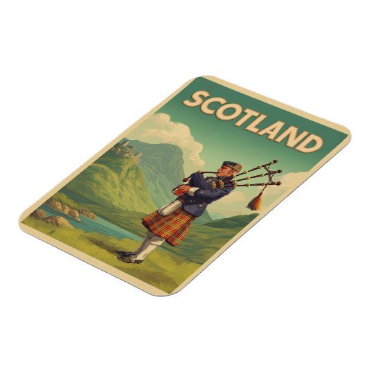 Schotland Vintage Travel – Highland Bagpiper Magneet (Linkerzijde)