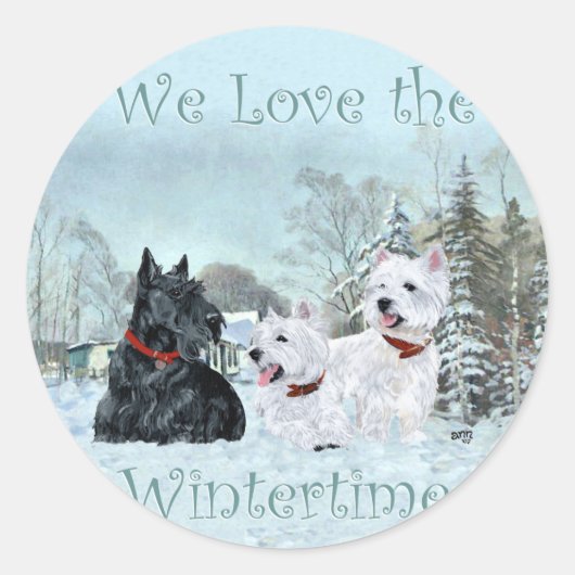 Schots en Scottie in Wintertime Ronde Sticker (Voorkant)