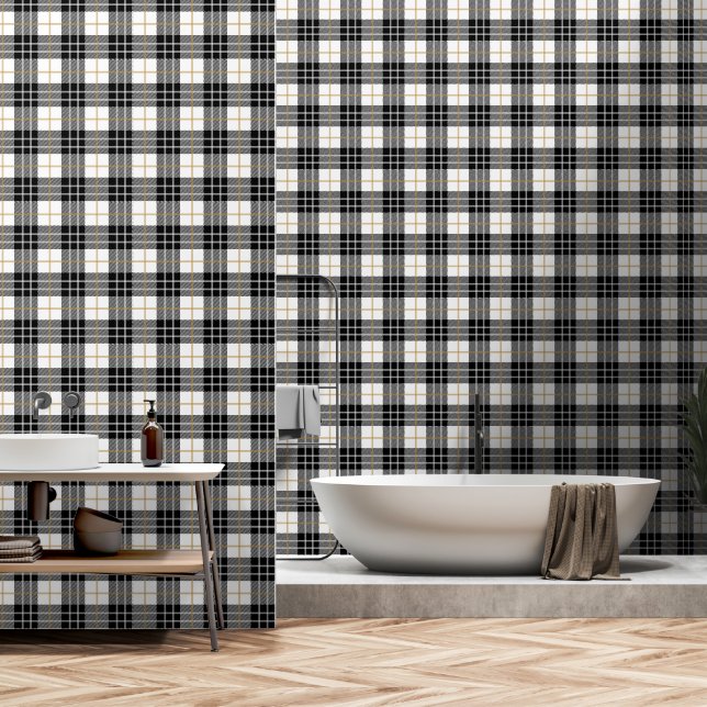 Schots Tartan Zwart en Wit Plaid Behang (Badkamer)
