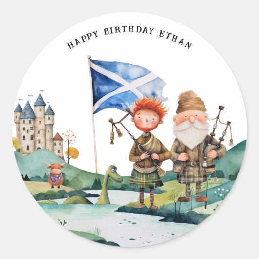 Schots thema verjaardagsfeestje ronde sticker (Voorkant)