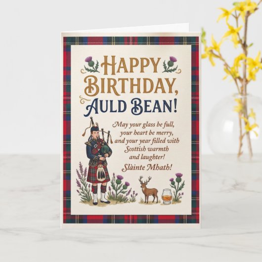 Schotse Auld Bean Verjaardag Kaart (Gele Bloem)