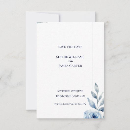 Schotse Blauwe Blad Botanische Minimale Trouwdag Save The Date (Voorkant)