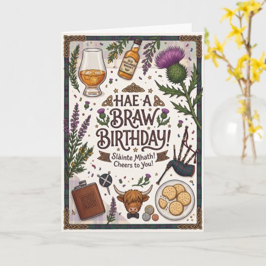 Schotse Braw Verjaardag Kaart (Gele Bloem)