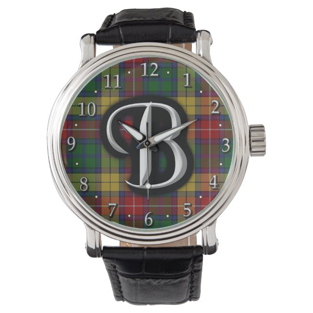 Schotse Clan Buchanan Monogram Tartan Horloge (Voorkant)