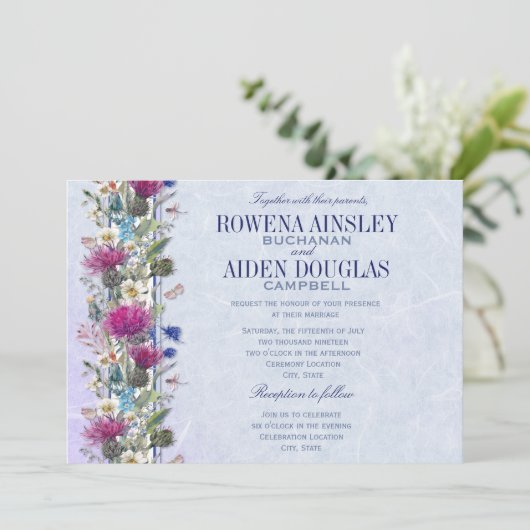 Schotse distel bloemenbruiloft kaart (Staand voorkant)