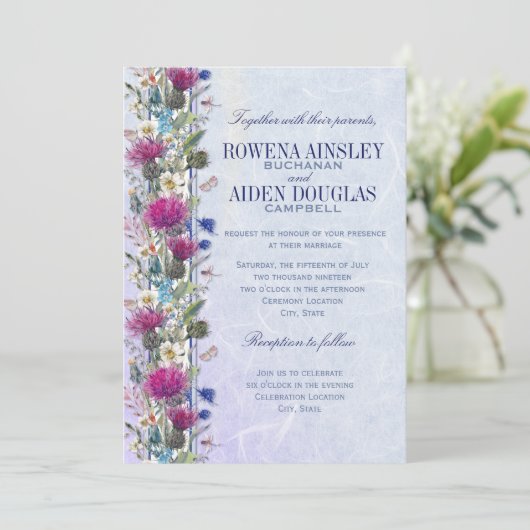 Schotse distel bloemenbruiloft uitnodiging (Staand voorkant)