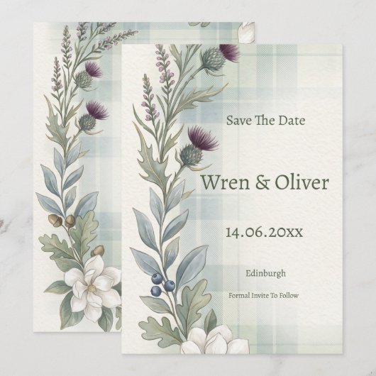 Schotse Distel Heather Wilde Bloem Bewaar de Datum Save The Date (Voorkant / Achterkant)