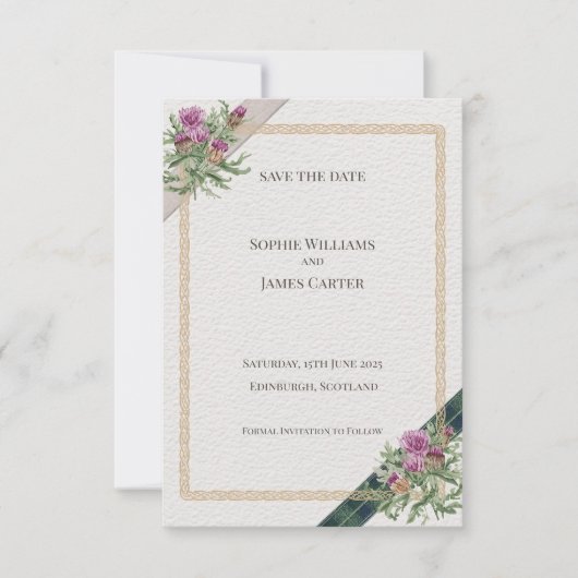 Schotse Distel Keltisch Schotse Ruit Huwelijk Save The Date (Voorkant)