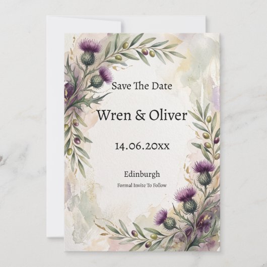 Schotse Distel Olijftak Save The Date Kaart (Voorkant)