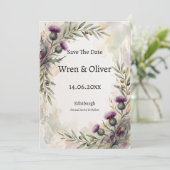 Schotse Distel Olijftak Save The Date Kaart (Staand voorkant)