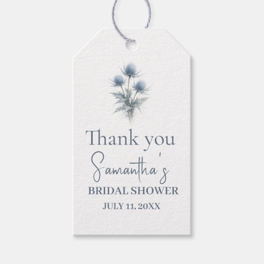 Schotse Distel Stofblauwe Bloem Bruidsdouche Cadeaulabel (Voorkant)