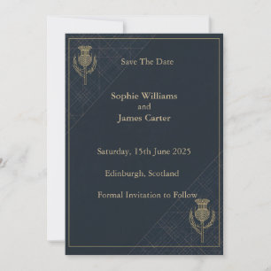 Schotse Distel Tartan Navy Goud Huwelijk Save The Date