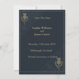 Schotse Distel Tartan Navy Goud Huwelijk Save The Date