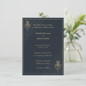 Schotse Distel Tartan Navy Goud Uitnodiging (Staand voorkant)