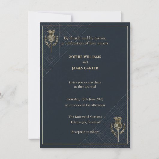 Schotse Distel Tartan Navy Goud Uitnodiging (Voorkant)