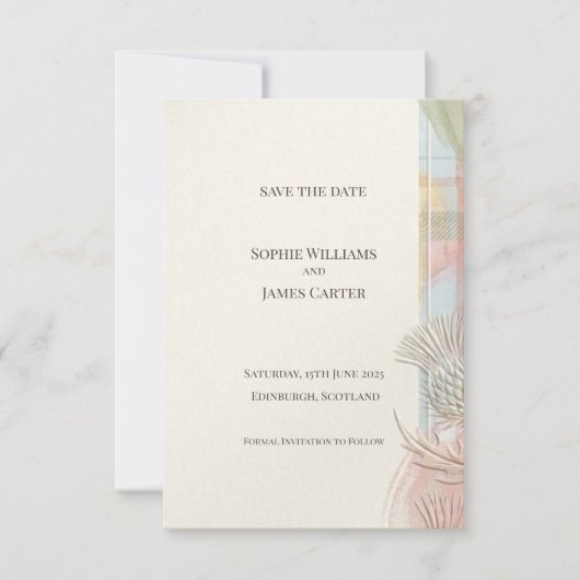Schotse Distel Tartan Save the Date | Gouden Emble (Voorkant)