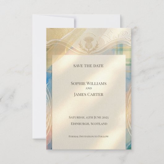 Schotse Distel Tartan Save the Date | Gouden Emble (Voorkant)
