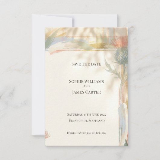 Schotse Distel Tartan Save the Date | Gouden Emble (Voorkant)