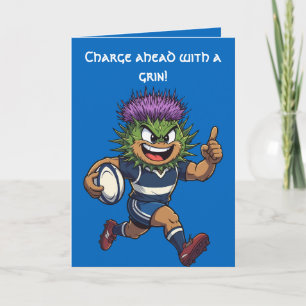 Schotse Doornpluim Rugby Mascotte met Stekelige Sp Kaart